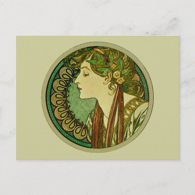 Cartão Postal Laurel, Alphonse Mucha Vintage Art Nouveau (Frente)