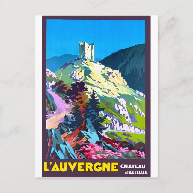 Cartão Postal L'auvergne, castelo d'Alleuze, França, colheita (Frente)