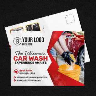 Cartão Postal Lavagem de Carro Vermelho Moderno Cuidados com o D