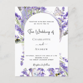 Cartão Postal Lavanda, arca floral, roteiro branco, casamento co
