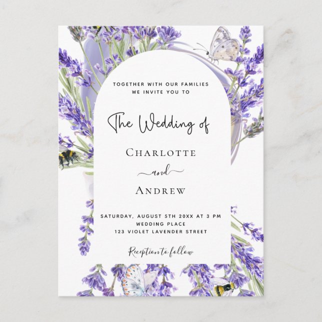 Cartão Postal Lavanda, arca floral, roteiro branco, casamento co (Frente)