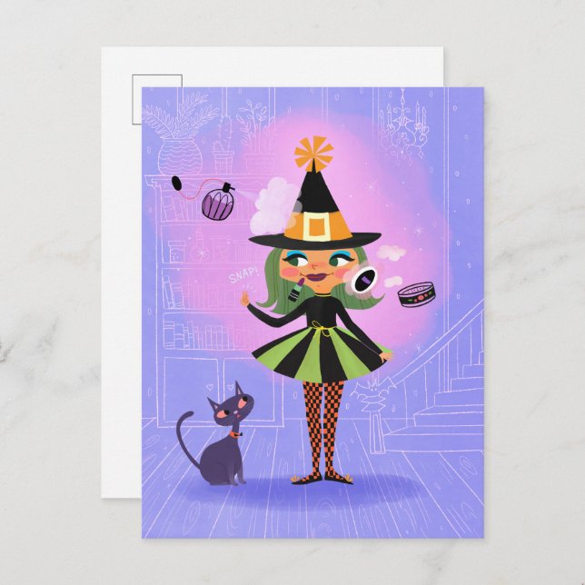 Cartão Postal Lavanda de bruxa verde e rosa do Halloween (Frente/Verso)