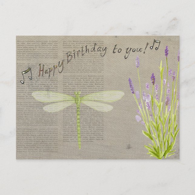 Cartão Postal Lavanda e Dragonfly Feliz Aniversário (Frente)