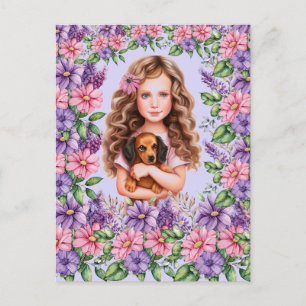 Cartão Postal Lavanda Girl with Dachshund Puppy