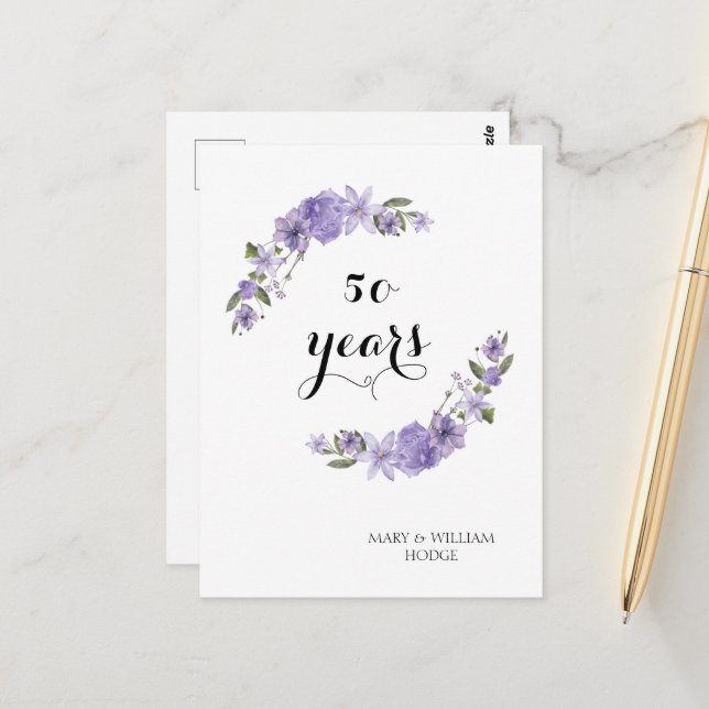 Cartão Postal Lavanda roxo floral 50º aniversário de casamento (Frente/Verso In Situ)