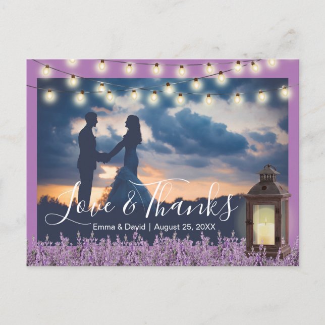 Cartão Postal Lavanda Rustic Lantern Foto Floral Obrigado (Frente)