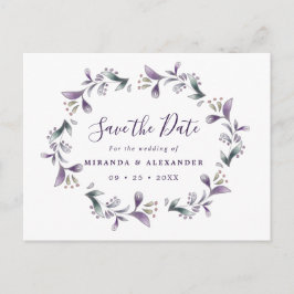 Cartão Postal Lavanda Salvar a data floral roxo e verde