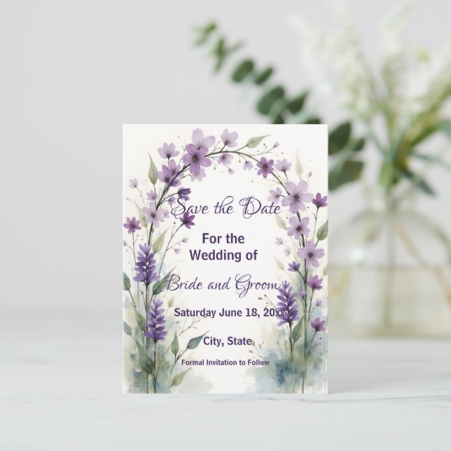 Cartão Postal Lavender & Lilac Floral Arch Save the Date (Em pé/Frente)