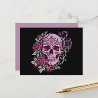 Cartão Postal Lavender Skull With Roses Goth Design