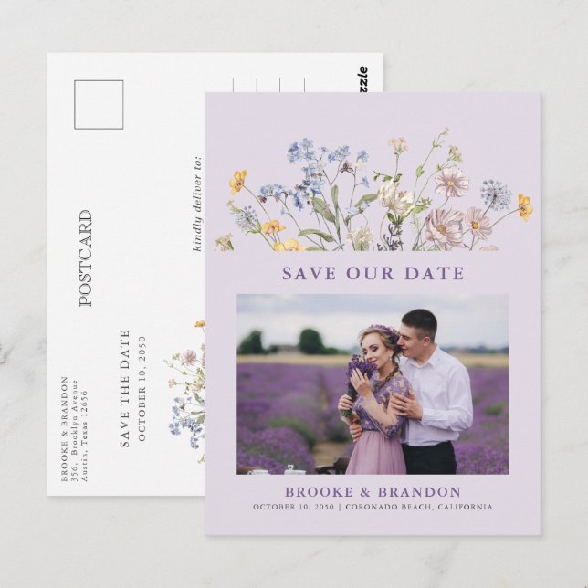 Cartão Postal Lavender Spring Wildflower Meadow  Save the Date (Frente/Verso)