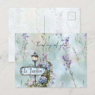 Cartão Postal Le Jardin (o jardim) Flores Roxas Bonito