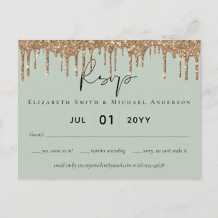 Cartão Postal Leah G BUDGET RSVP Sage Casamento Glitter Dourado