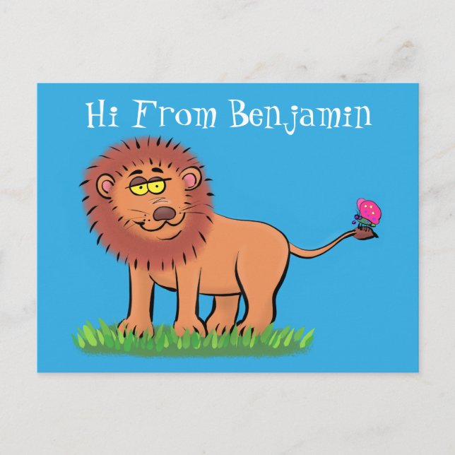 Cartão Postal Leão feliz com ilustração de desenho animado de bo (Frente)