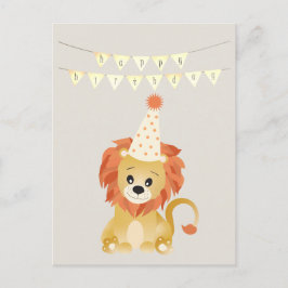 Cartão Postal Leão Fofo Usando Chapéu de Festa Banner de Anivers