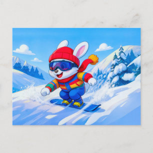 Cartão Postal Lebre da Neve em Snowboard numa Montanha de Invern