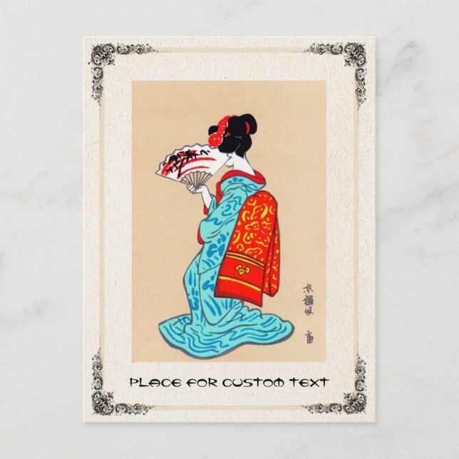 Cartão Postal Legal geisha clássica japonesa senhora kimono, fã (Frente)