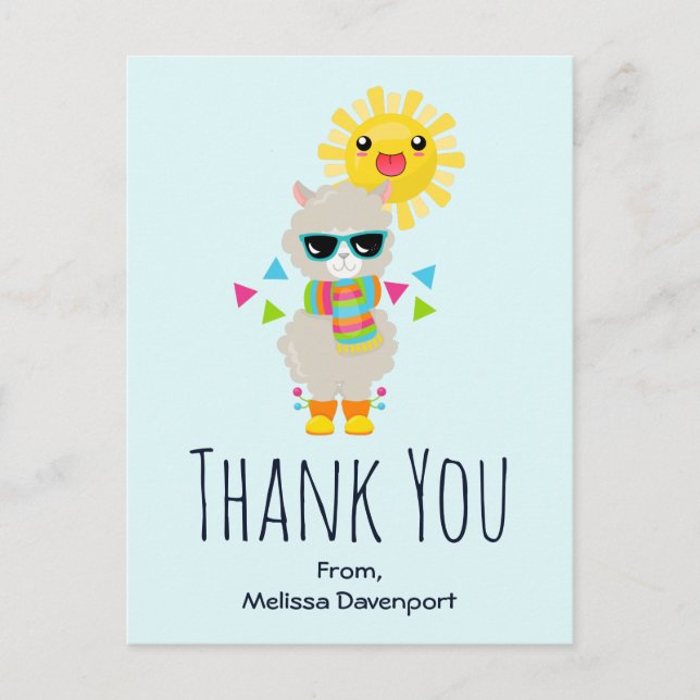 Cartão Postal Legal Llama e sorrindo Kawaii Sun Obrigado (Frente)