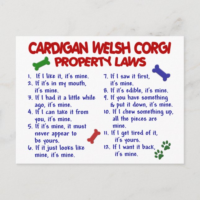 Cartão Postal Lei de propriedade CARDIGAN WELSH CORGI 2 (Frente)