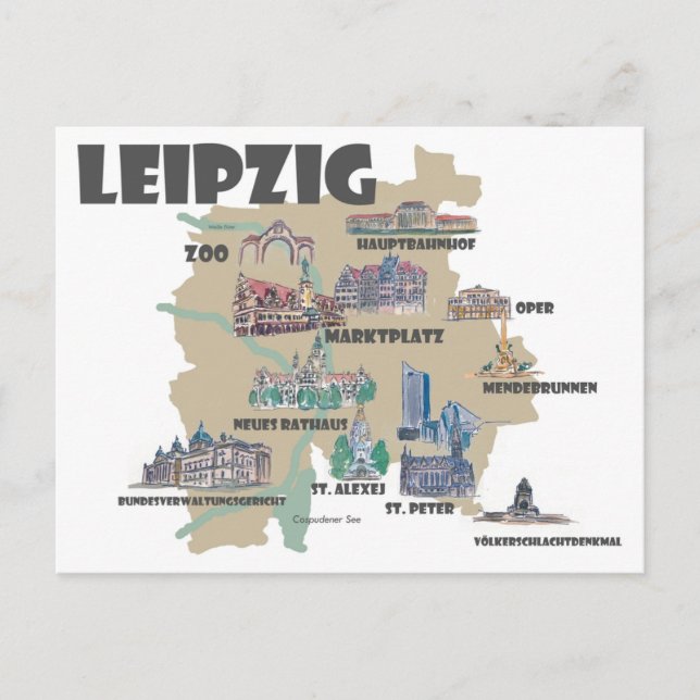 Cartão Postal Leipzig Alemanha - Mapa Retroativo com Atrações (Frente)