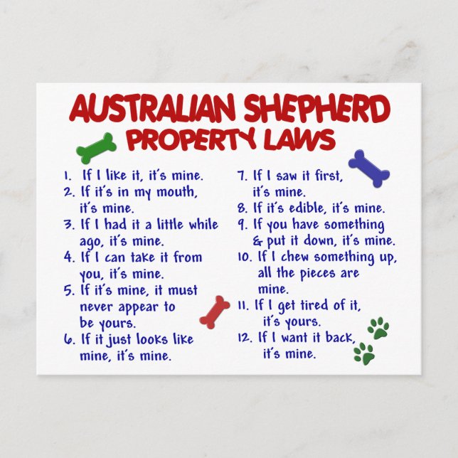 Cartão Postal Leis de propriedade AUSTRALIANAS SHEPHERD 2 (Frente)