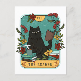 Cartão Postal Leitor, Tarot Cat com flores, livros, café