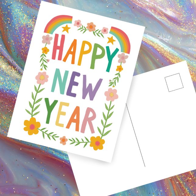 Cartão Postal Leitura animada de FELIZ ANO NOVO (Cheerful Whimsical Rainbow HAPPY NEW YEAR Floral Handlettering Boho Postcard
)