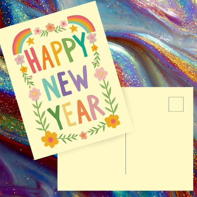 Cartão Postal Leitura animada de FELIZ ANO NOVO (Cheerful Whimsical Floral Rainbow HAPPY NEW YEAR Handlettering Postcard
)
