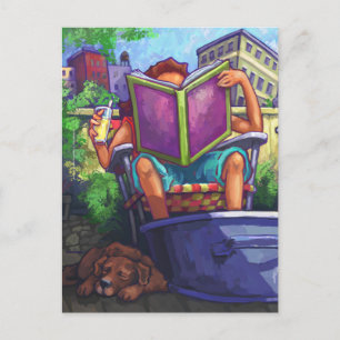 Cartão Postal Leitura em Verão, Rapariga e Cachorro