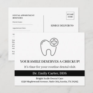 Cartão Postal Lembrete de Revisão Dentária Preto e Branco