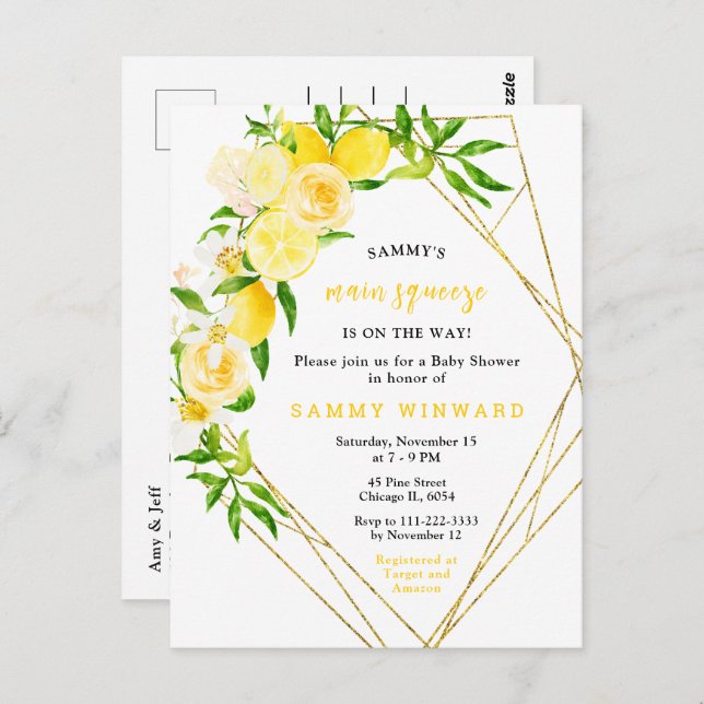 Cartão Postal Lemons and Flowers with Foliage Baby Shower (Frente/Verso)