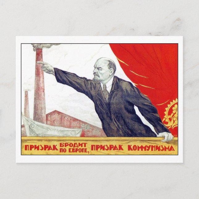 Cartão Postal Lenin está apontando para uma fábrica, propaganda  (Frente)