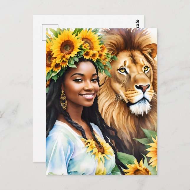 Cartão Postal Leo Black Woman com girassóis e leão (Frente/Verso)