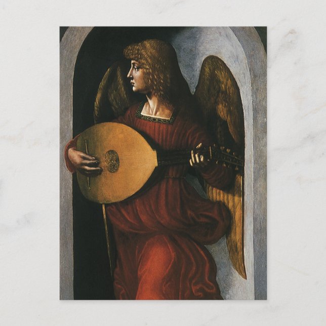 Cartão Postal Leonardo da Vinci é um anjo em vermelho com uma Lu (Frente)