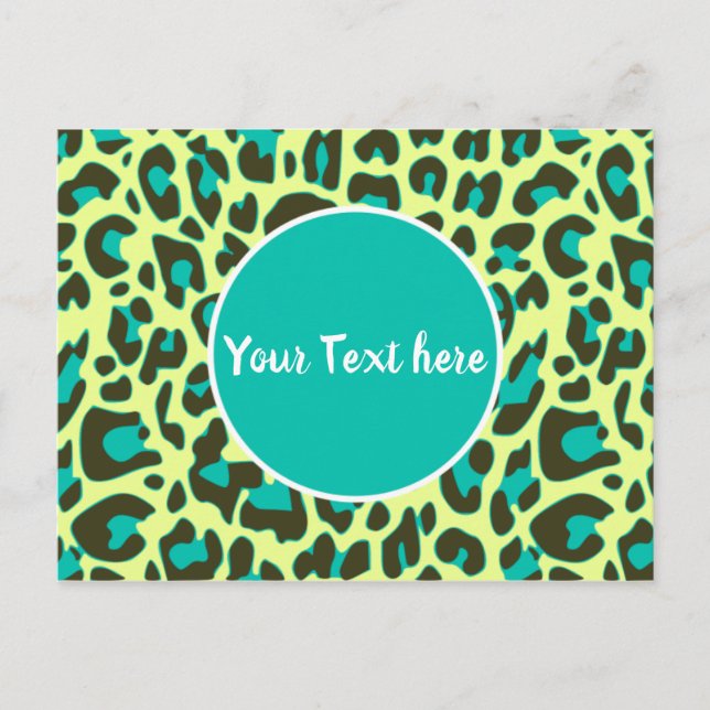 Cartão Postal Leopard Animal Print Patterle Circle Yellow Teal (Frente)