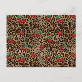 Cartão Postal Leopard Cheetah Animal Print Red Cherry Pattern