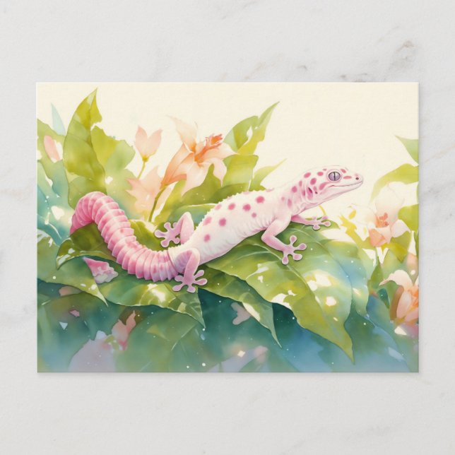 Cartão Postal Leopard Gecko with Pink Spot and Lily Flower (Frente)