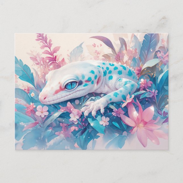 Cartão Postal Leopard Gecko with Teal Spot and Tropical Flower (Frente)