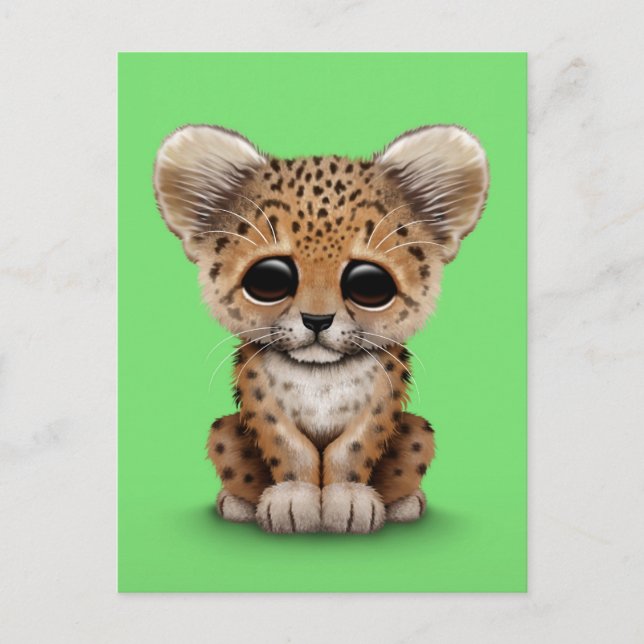 Cartão Postal Leopardo bonito Cub do bebê no verde (Frente)