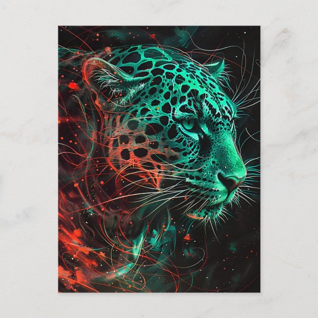 Cartão Postal Leopardo com trilhos vermelhos verdes (Frente)