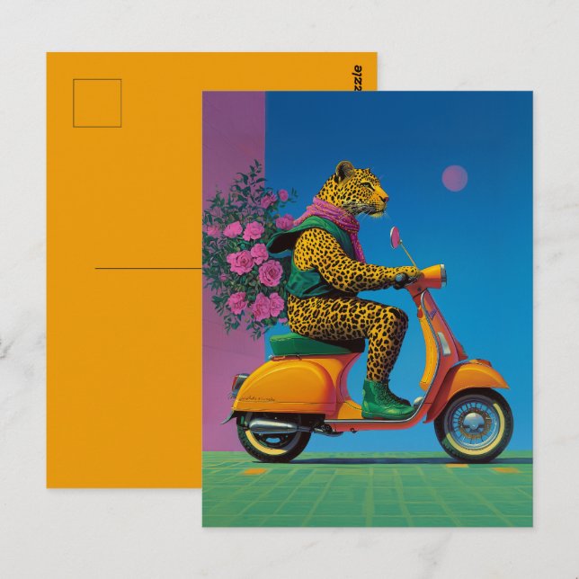 Cartão Postal Leopardo em Rodas: Uma Na moda, (Frente/Verso)