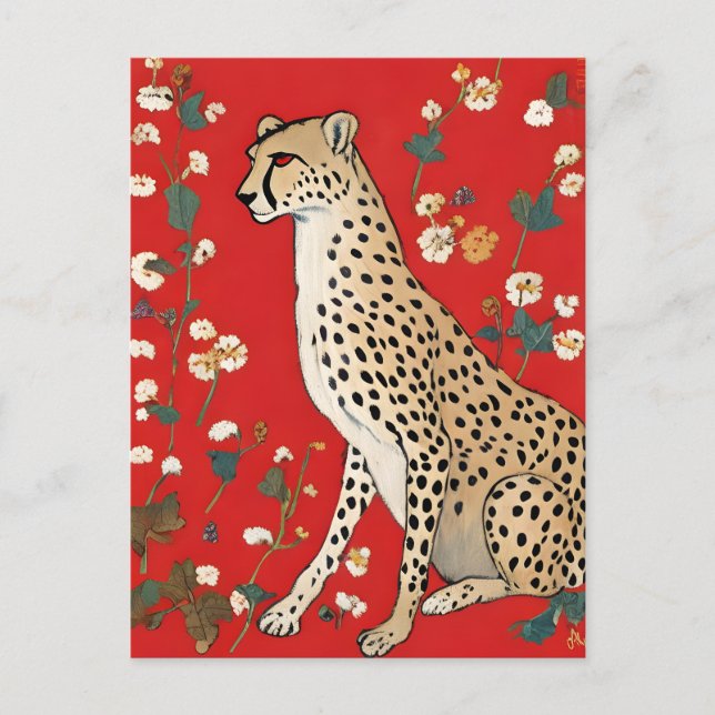 Cartão Postal Leopardo em um Fundo Vermelho com Flores (Frente)
