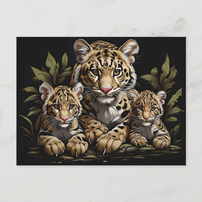 Cartão Postal leopardo nublado com filhotes (Frente)