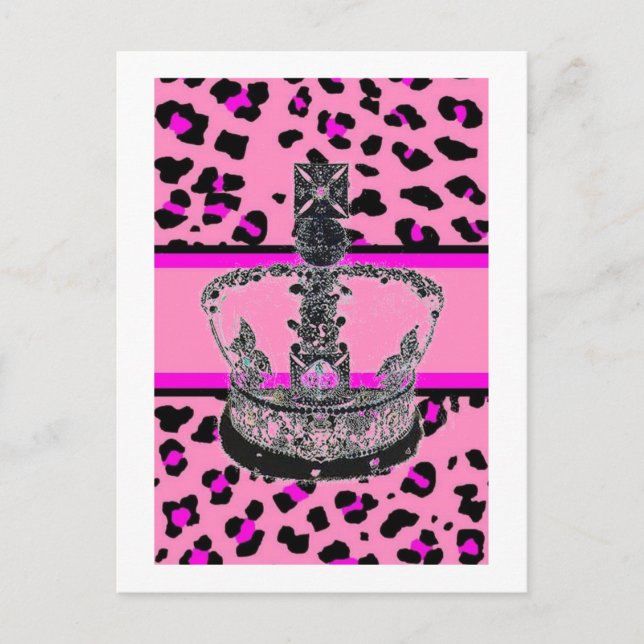 Cartão Postal Leopardo rosa-quente da moda-branca (Frente)