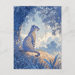 Cartão Postal Leopardo Sentado na Floresta de Aquarela Índigo Ne