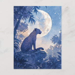 Cartão Postal Leopardo Sentado na Rocha sob Lua Cheia Brilhante