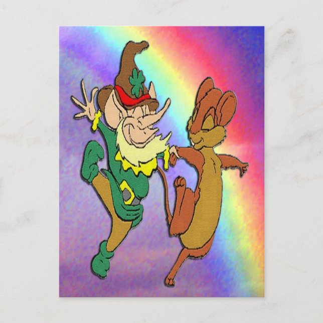 Cartão Postal Leprechaun e Mouse dançando com o Rainbow (Frente)