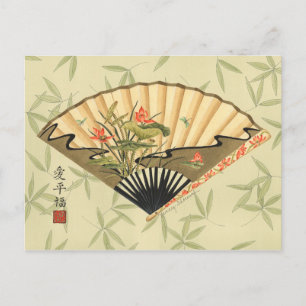 Cartão Postal Leque de Geisha com Folhas e Estampa Floral
