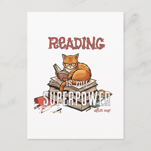 Cartão Postal Ler É Meu Superpoder Presente para Amantes de Gato (Frente)