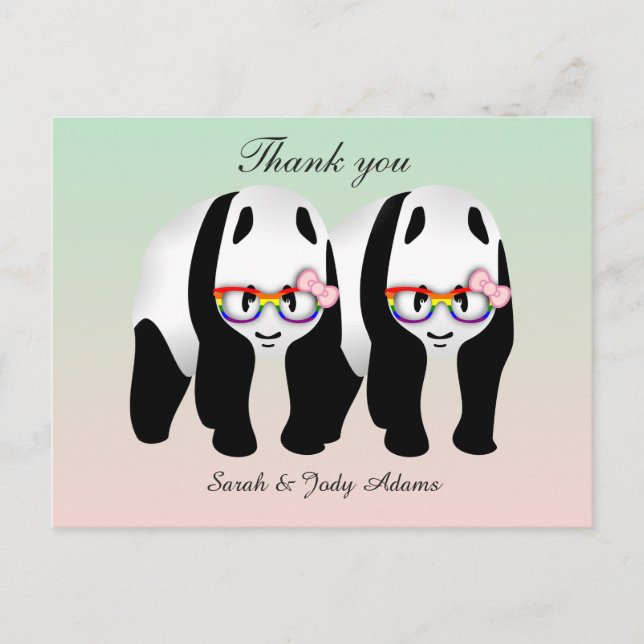 Cartão Postal Lésbicas bonitas Pandas Obrigado (Frente)