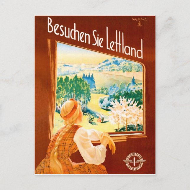 Cartão Postal Letónia, garota no trem olhando pela janela (Frente)
